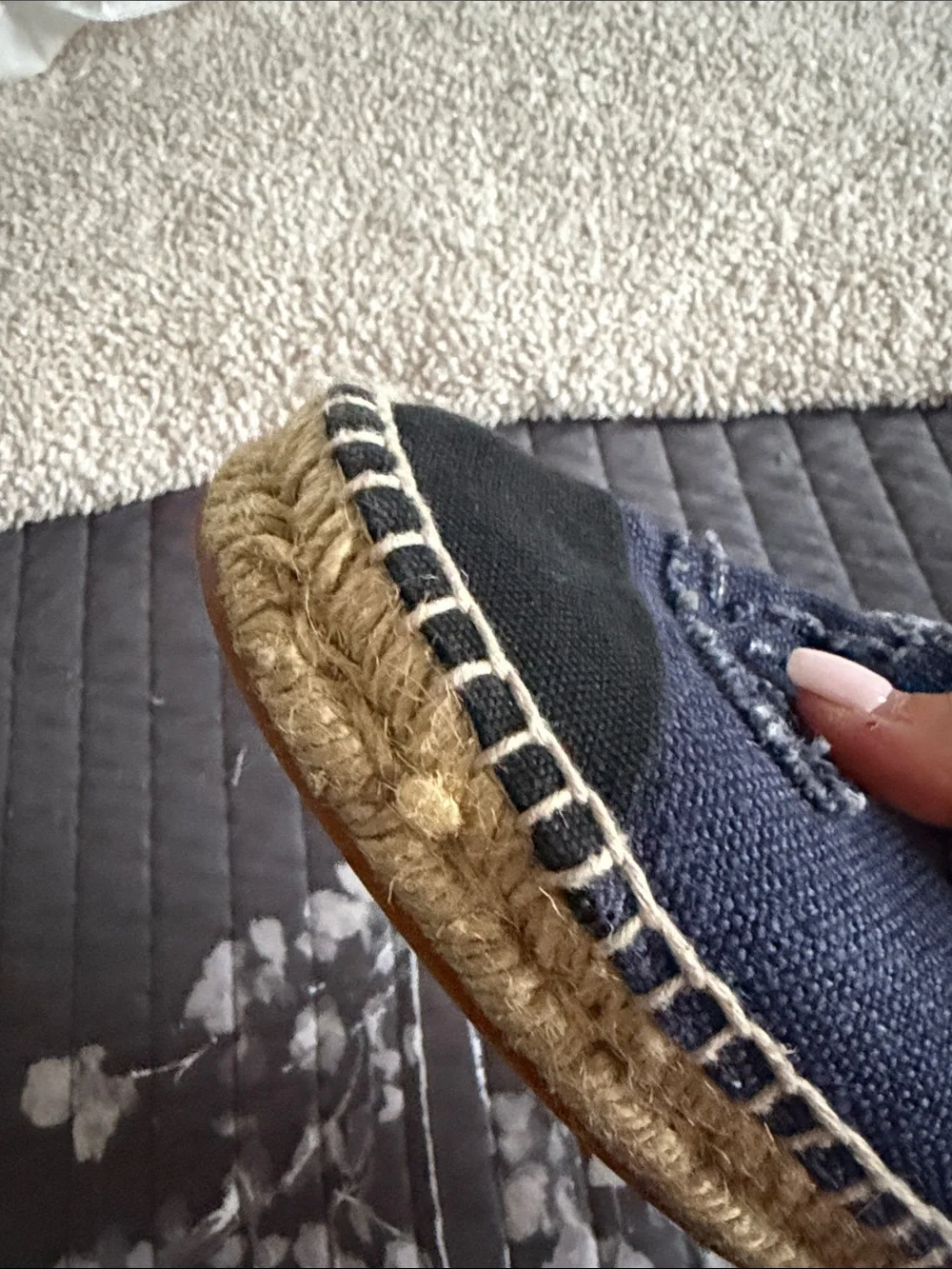 CHANEL Navy Canvas Espadrilles with Black Cap Toe and Stitched CC